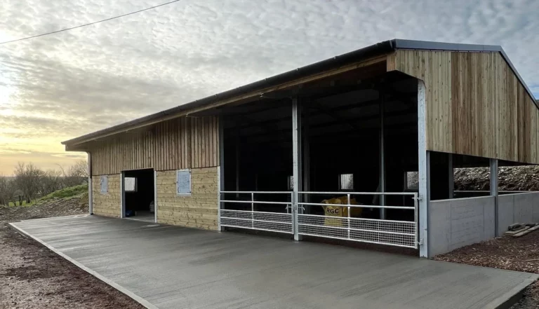 Open-fronted steel building with metal fencing and cattle gates.
